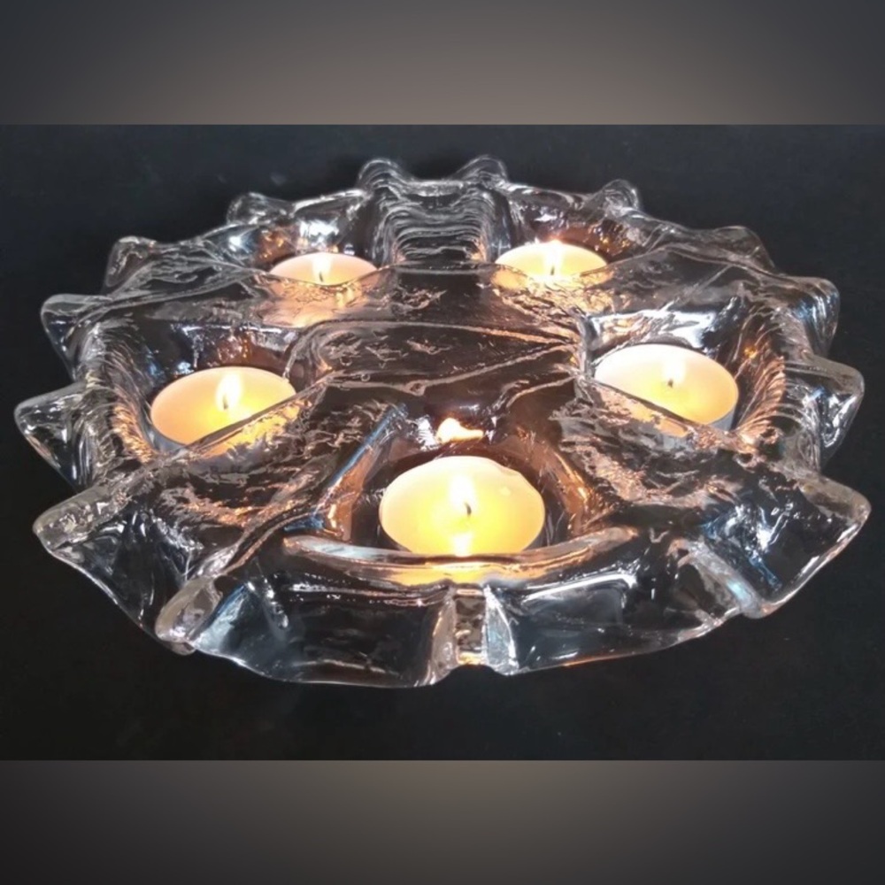 Muurla Finland Crystal Glass Candle Holder. Snowflake Form for 5 Tealights. 70’s